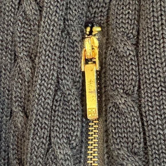 Lauren Ralph Lauren Navy Womens Zip Cardigan Cable Knit Gold Crest Size Medium - Picture 2 of 7